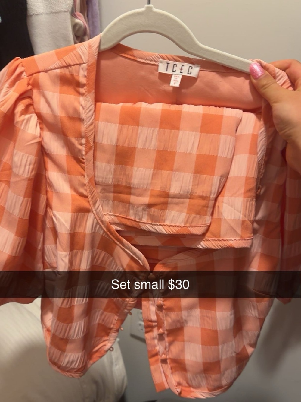 TCEC Peach and Cream Gingham Button-Front Blouse